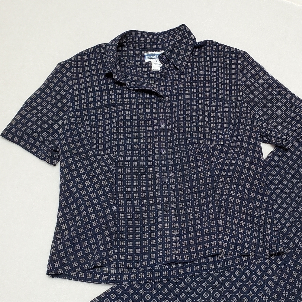 VINTAGE 90s Pendleton Navy Blue Square Print Cropped Blouse Flared Skirt Set 6 - Picture 5 of 16